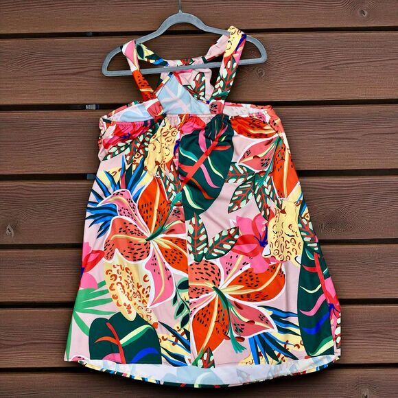 Tropical Halterneck Mini Dress Plus 3X Palm Leaf Print Party Evening Festival - Picture 3 of 9